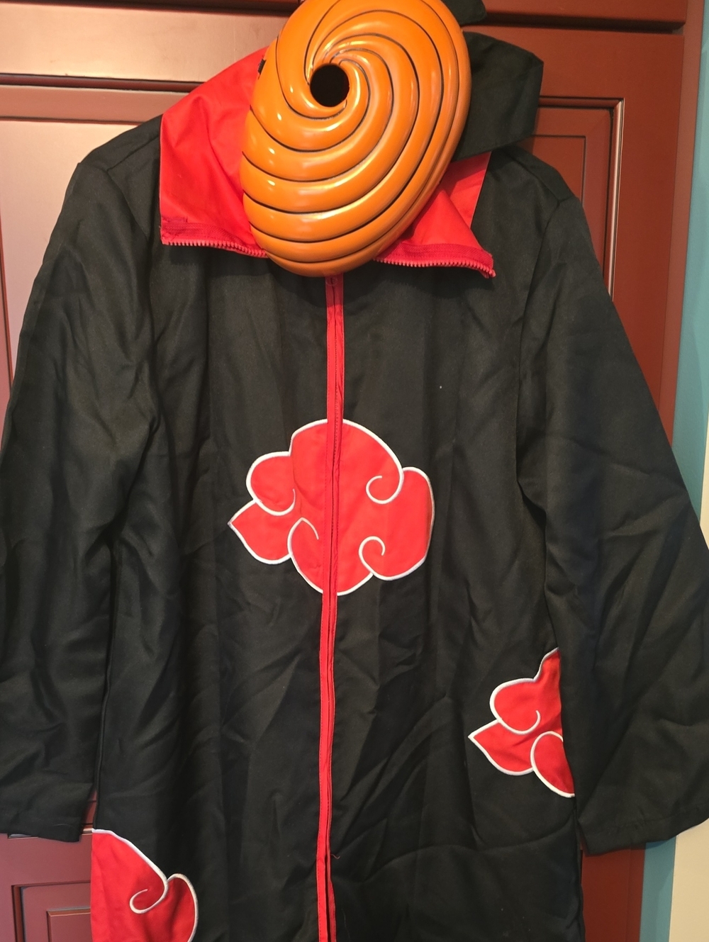 Obito Costume Black & Red Hooded Coat with Red Cloud Motif